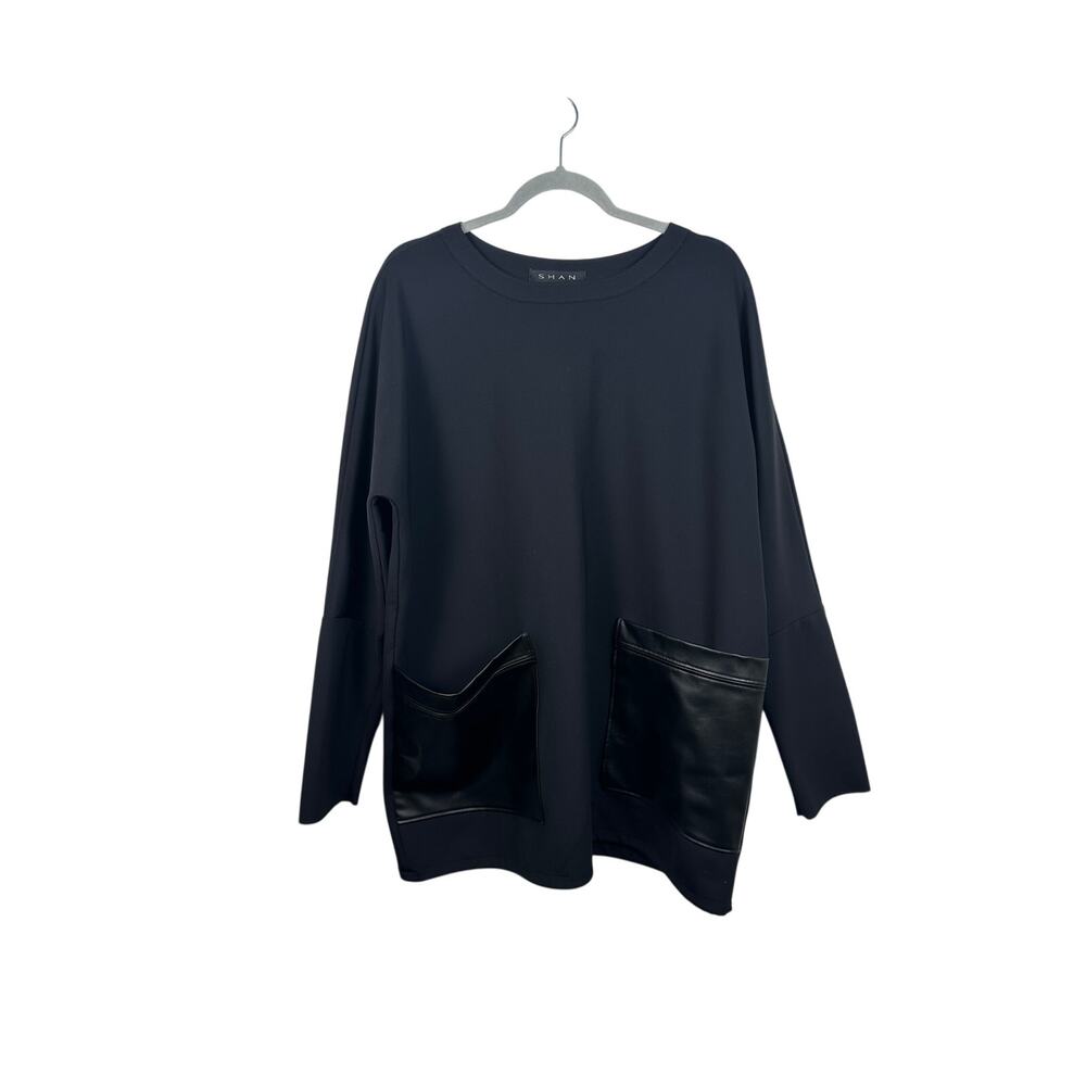 SHAN Tunic Sweater Women Large Black Excellent Faux Leather‎ Pocket Side Tie Top